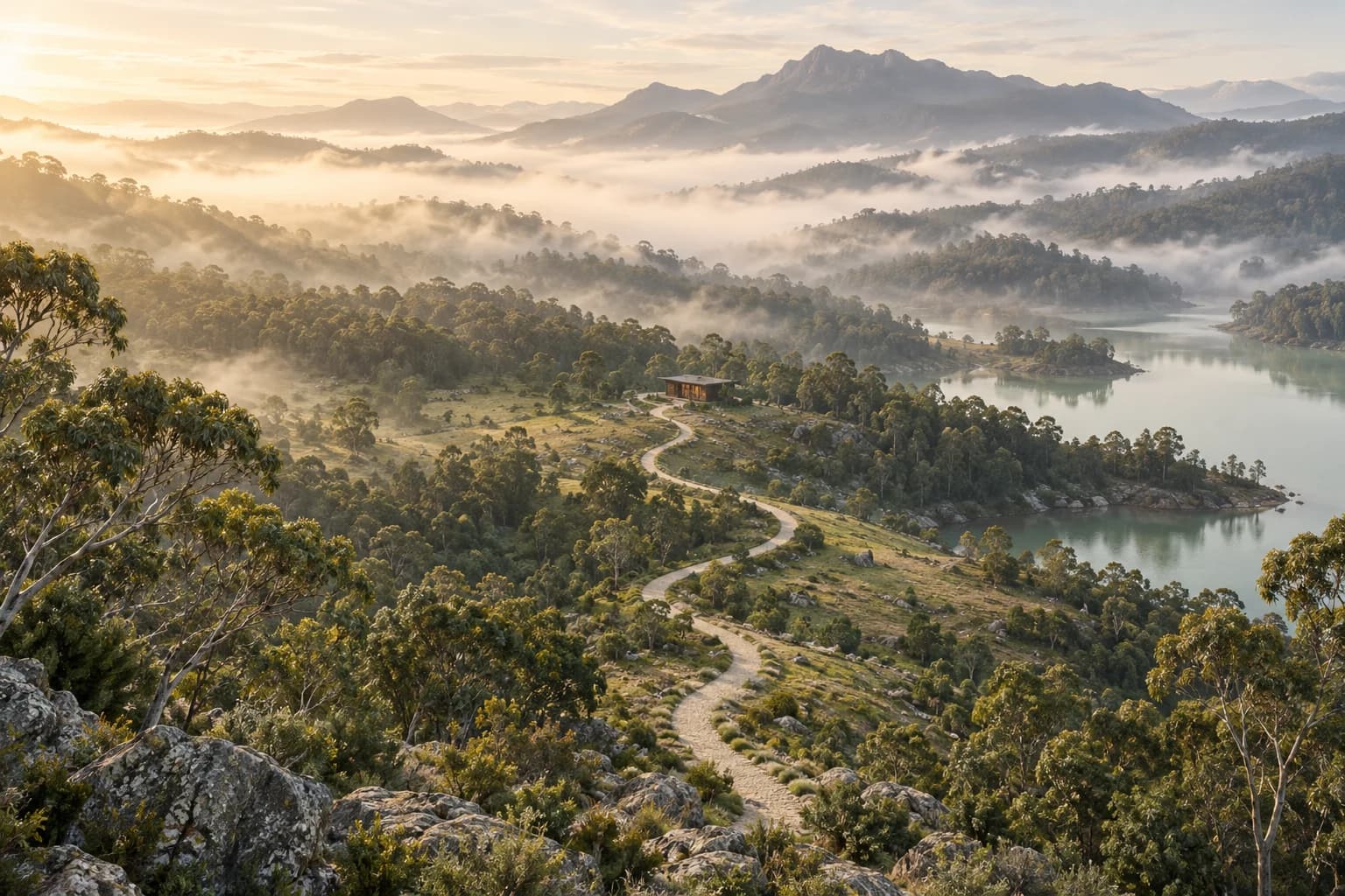 A winding trail through a misty eucalyptus forest towards a lakeside cabin